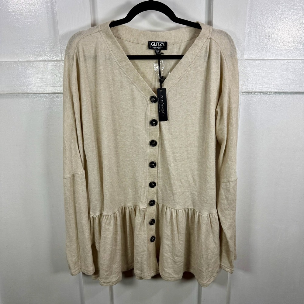 Glizty Lifestyle Beige Button Front Peplum Knit Tunic Top 3X